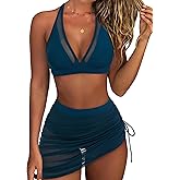 RXRXCOCO Mesh Halter High Waisted Bikini Sets for Women Tummy Control Swimsuits Two Piece Bathing Suits with Skirt