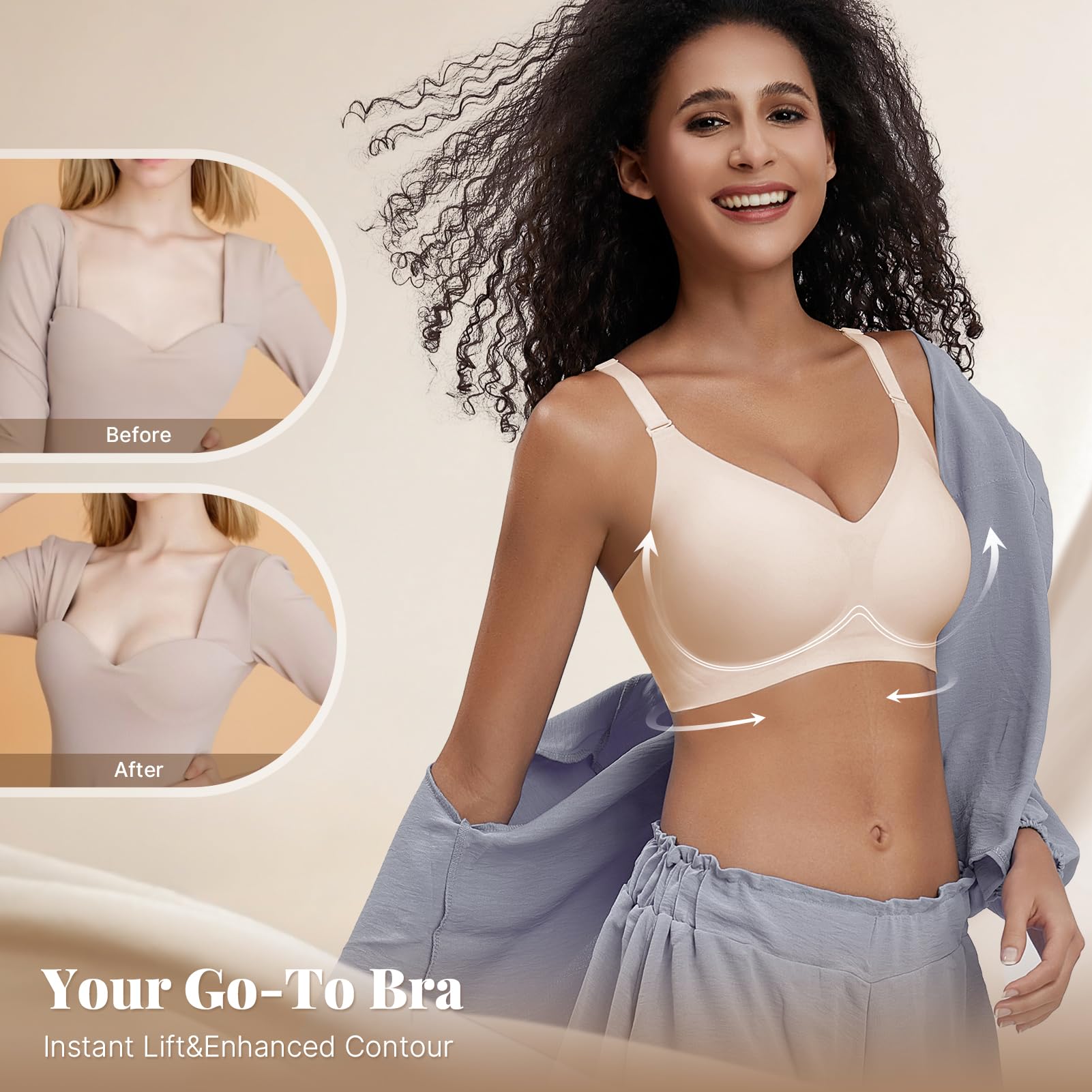 PQK Wireless Bras for Women Comfortable Seamless T Shirt Bras No Underwire V Neck Full Coverage Support and Lift (Size XL Nude)