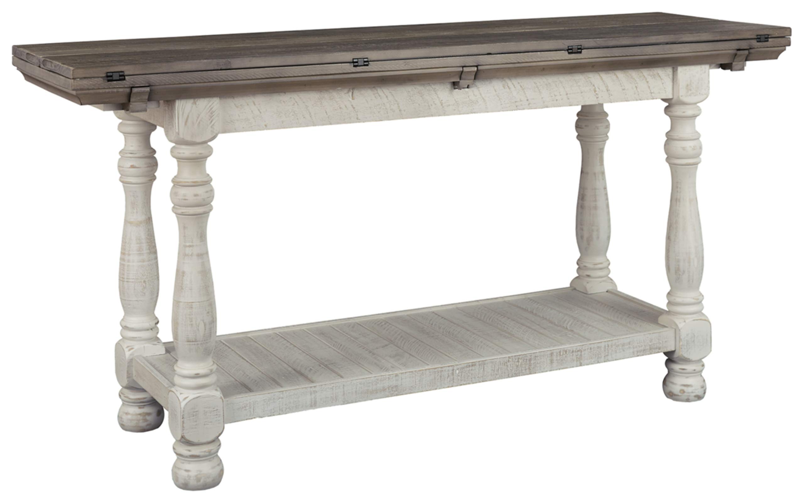 Photo 1 of Signature Design by Ashley Havalance Farmhouse Sofa Table, Flip Top Design for Additional Dining Space and Fixed Lower Shelf, Gray & White with Weathered Finish