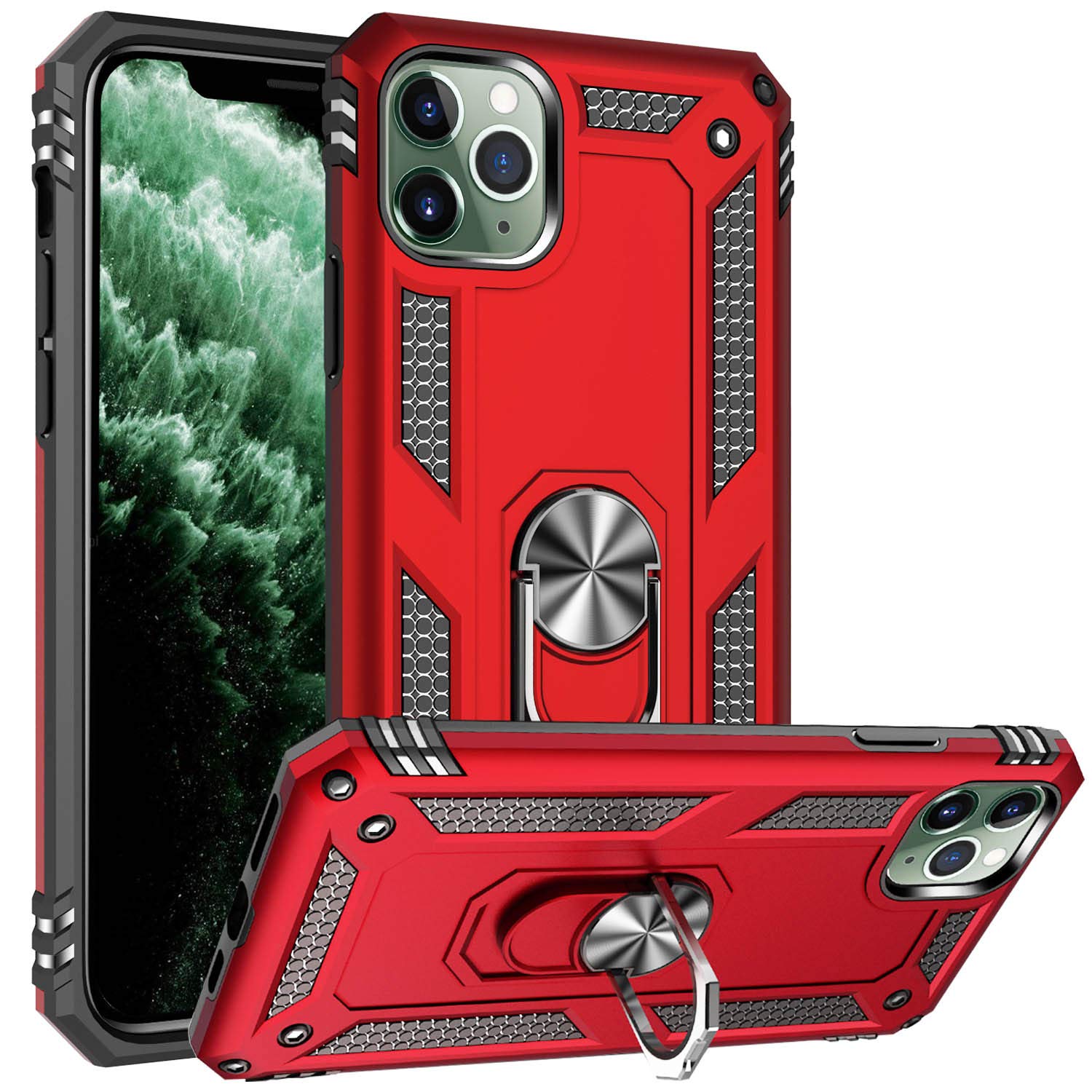 Fetrim Case for iPhone 11 PRO, Dual Layer Shockproof Protective Phone Case with Rotation Ring Kickstand for Apple iPhone 11 PRO Red