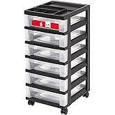 IRIS USA Plastic Drawer Storage Organizer Rolling Cart, with Wheels Casters, 6-Drawers, for Classroom Art Craft Supplies Dresser Closet Bathroom Laundry Room, Black/Clear