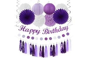 Purple-Lilac Lavender-White Happy Birthday Party-Decorations - 31pcs 20th Women Girls Paper Lanterns Streamers Banner,Tissue Pom Poms Decor,Flower Fans Tassels Graland Backdrop Supplies Hugmoon