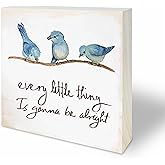 4“X 4” Natural Pine Wood Plaque - Every Little Thing Is Gonna Be Alright - Positive Wooden Decor For Farmhouse, Tabletop, Shelf, Cheerful Gift, Home & Office Decorations(Blue) - A13