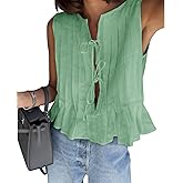 Cicy Bell Womens Bow Front Tie Tank Tops Pleated Babydoll Top Sleeveless Cute Coquette Shirt Summer Outfits