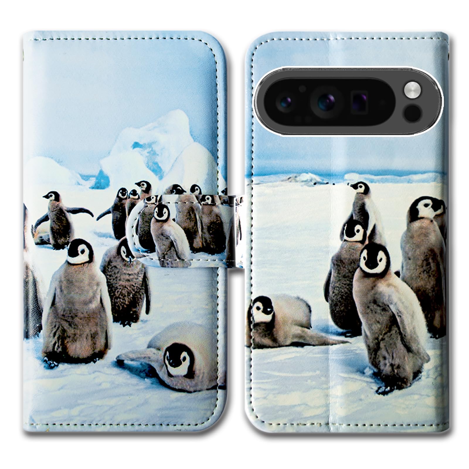 Bcov Case For Pixel 9 Pro XL,Cute Playing Penguin Leather Flip Phone Case Wallet Cover with Card Slot Holder Kickstand Case For Google Pixel 9 Pro XL