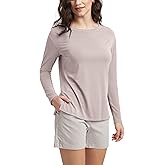 ODODOS Women's Relaxed Fit Long Sleeve Shirts Boat Neck Side Slit Peach-Soft Casual Lounge Yoga Tops