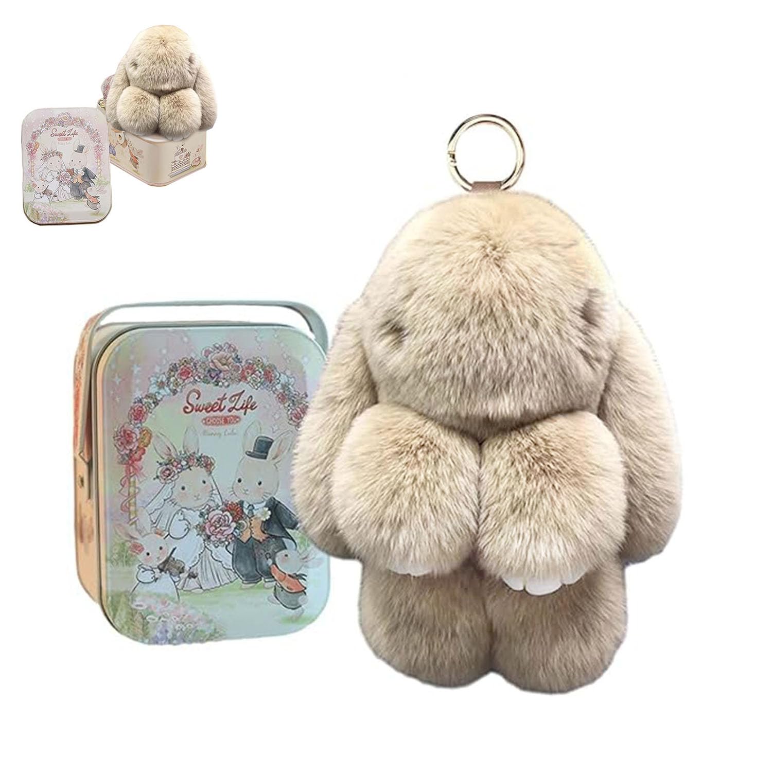 Photo 1 of BOVVSKY Bunny Keychain with Box, Bunny Keychain with Tin, BunnyCute Plush Key chain (Khaki)