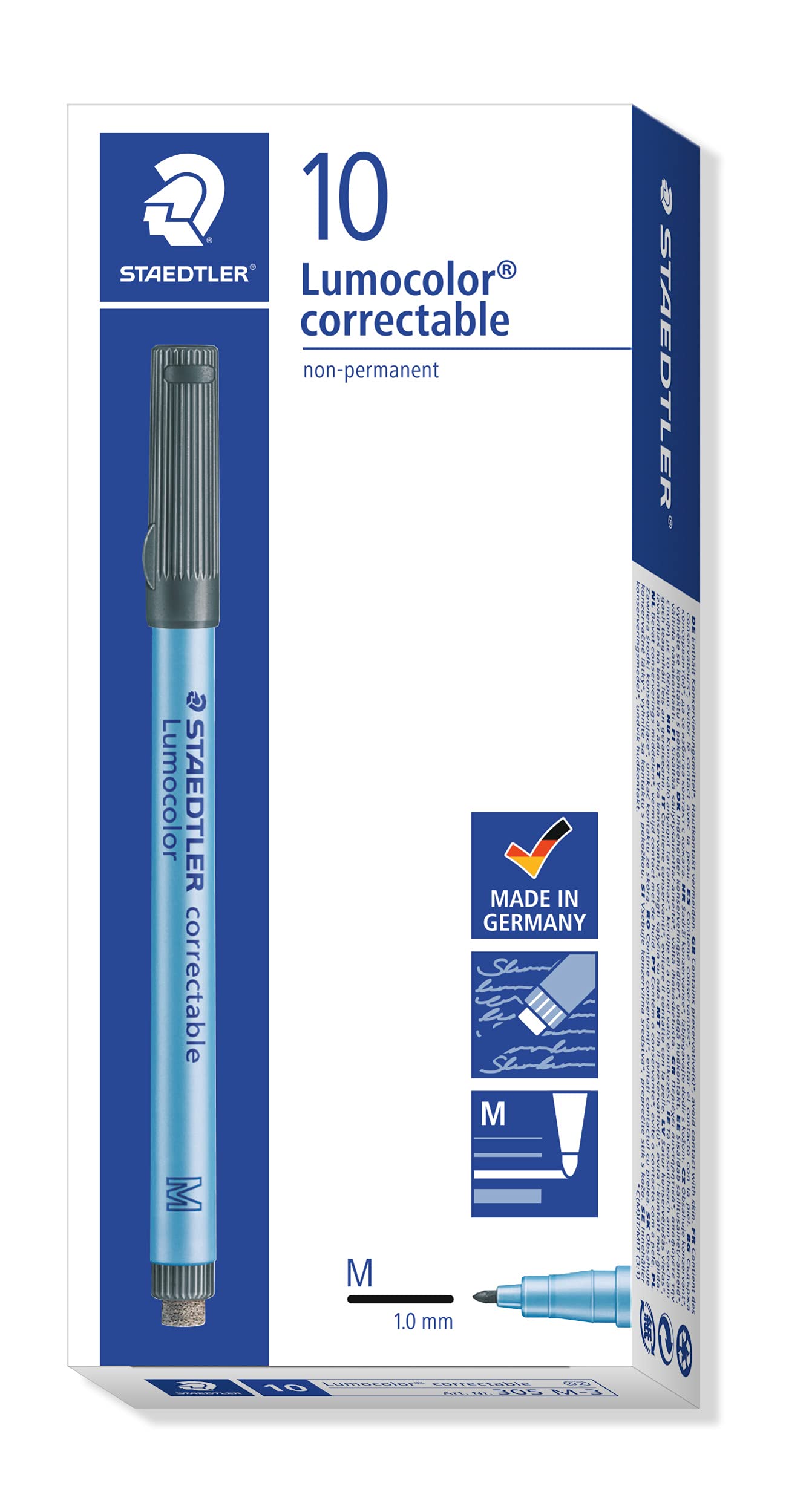 STAEDTLER Lumocolor 305 M-3 Correctable Foil Pen M-Tip Approx. 1.0 mm Pack of 10 in Cardboard Box Blue