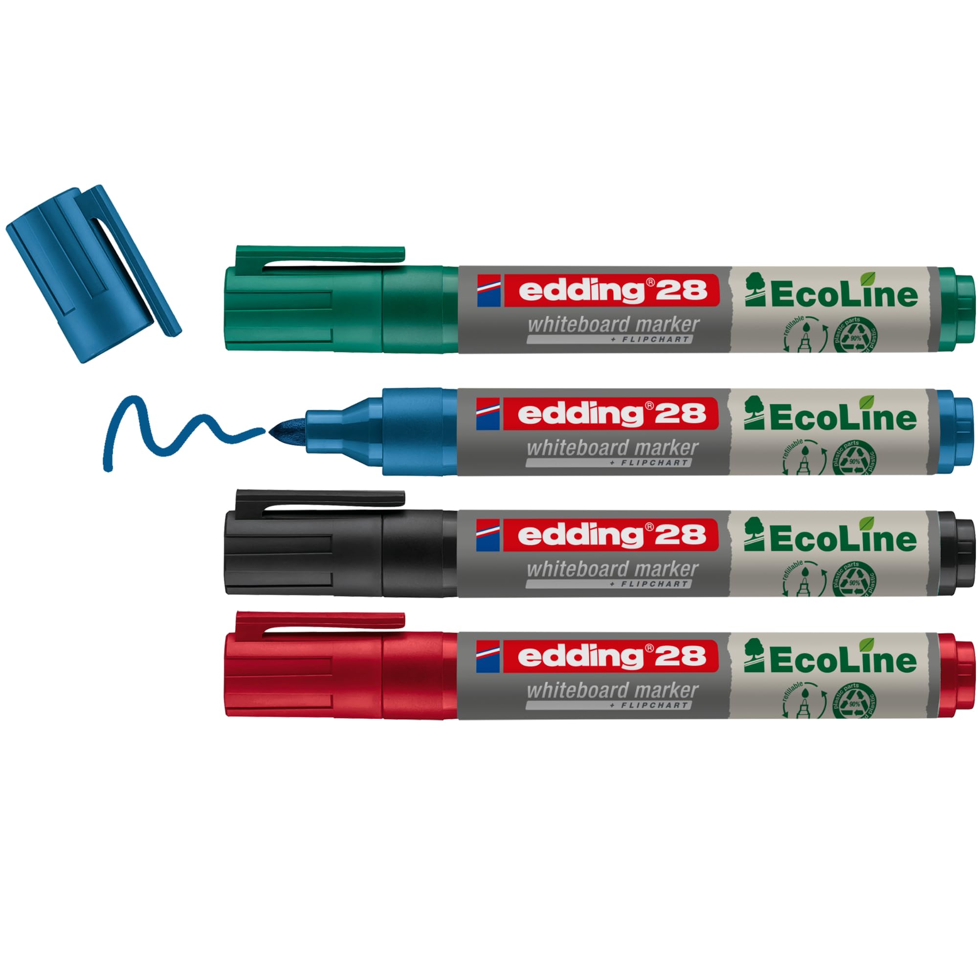edding 28 EcoLine whiteboard marker - black, red, blue, green - set of 4 whiteboard pens - round nib 1.5-3 mm - whiteboard pen dry wipe - for whiteboards, flipcharts, memo boards - sketchnotes
