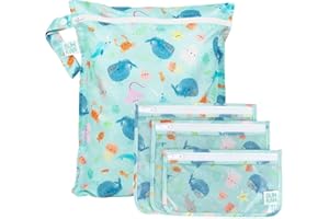 Bumkins - Waterproof Wet Bag & Clear Travel Bags - For Beach, Baby, Travel, Swim Suit, Cloth Diapers, Pump Parts, Pool, Gym, Toiletries - Reusable & Easy to Clean - Ocean Life Blue - 4 Pack