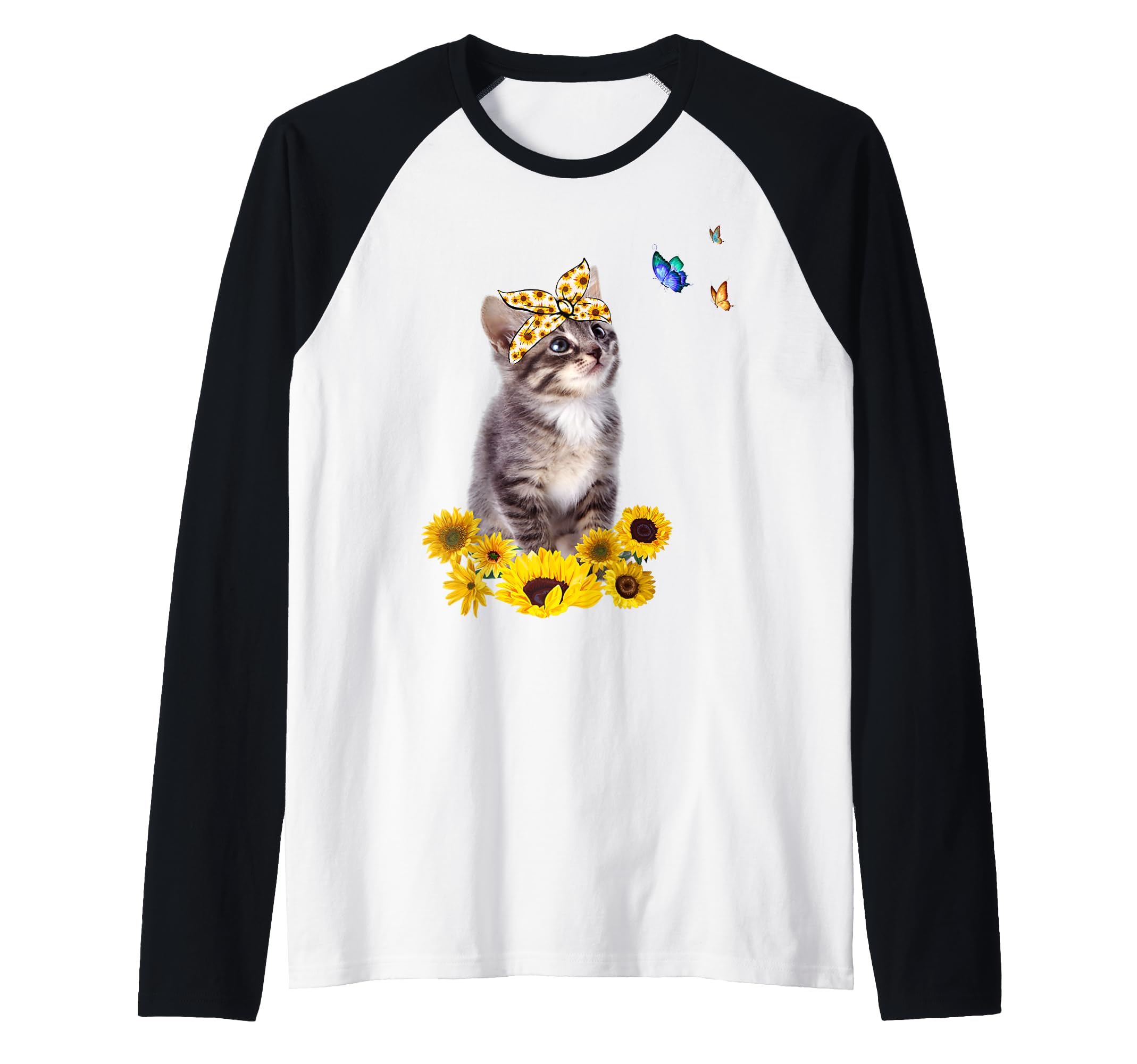 Kitten With Sunflower HeadBow Butterfly Cat With Bandana Cat Raglan Baseball Tee