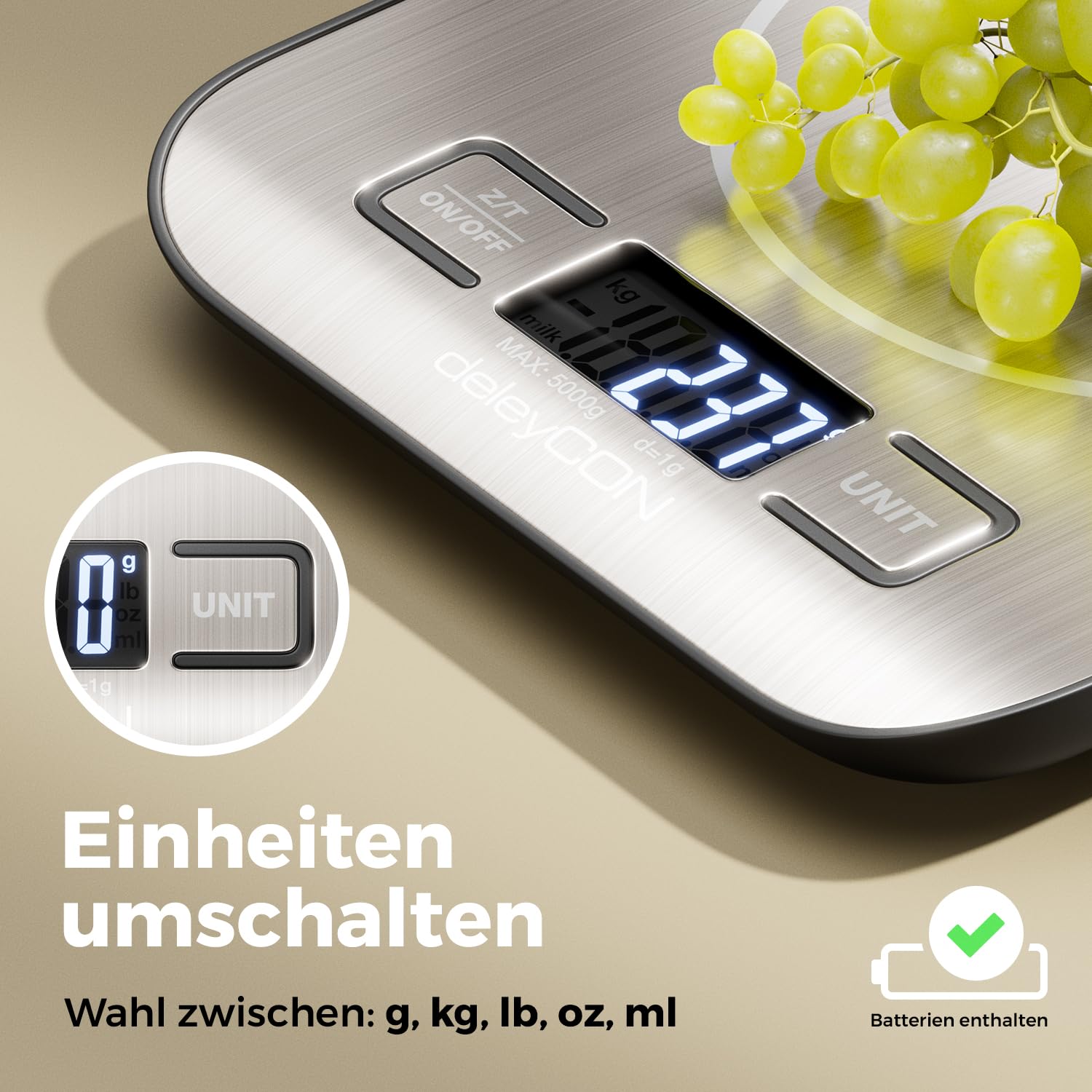 deleyCON Küchenwaage Digital, LCD-Display, Tara-Funktion (mit Batterien) bis 5KG, Digitalwaage, Briefwaage, auf 1g genau, Backen Kochen Messen von Zutaten Diät Fitness Schmuck, klein und flach, Silber 2