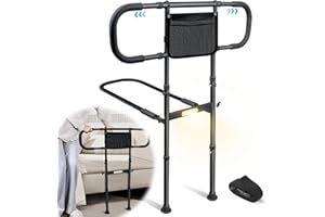AMOVO Bed Rails for Elderly Adults Safety Bed Guard Rails for Seniors Extended Handle Bed Assist Rail with Sensor Light Storage Pouch, Stable Bedside Cane Support Bar Grab, Fit King Queen Full Twin