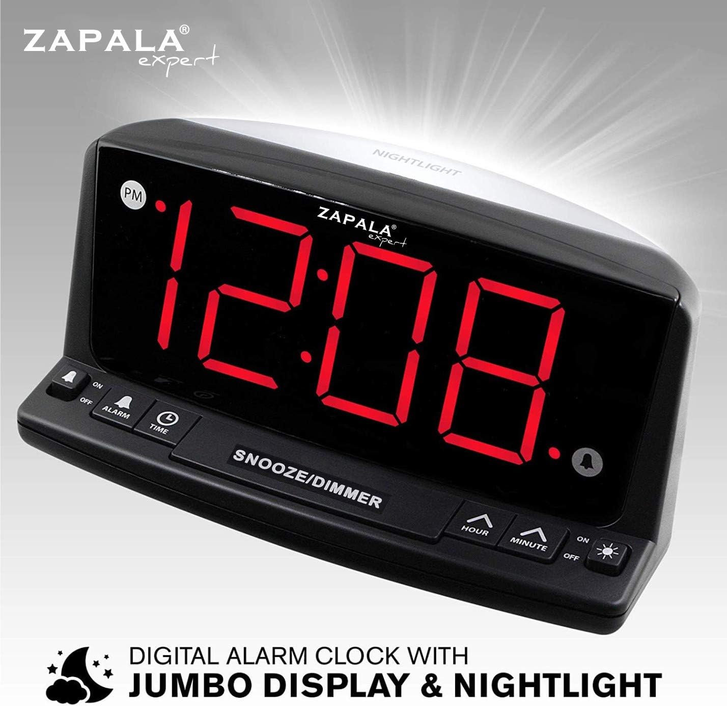 ZAPALA expert LED Digital Alarm Clock – Simple Operation - Easy to See Large Numbers, Built in Night Light, Loud Beep Alarm with Snooze, Bright Big Red Digit Display, Dimmer Control