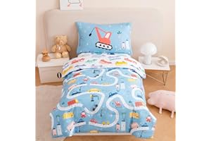 PERFEMET 4-Piece Toddler Bedding Set Boys Cars Toddler Comforter with Sheets Reversible Lightweight Blue Vehicles Toddler Bed Set for Crib(Blue, Cars)