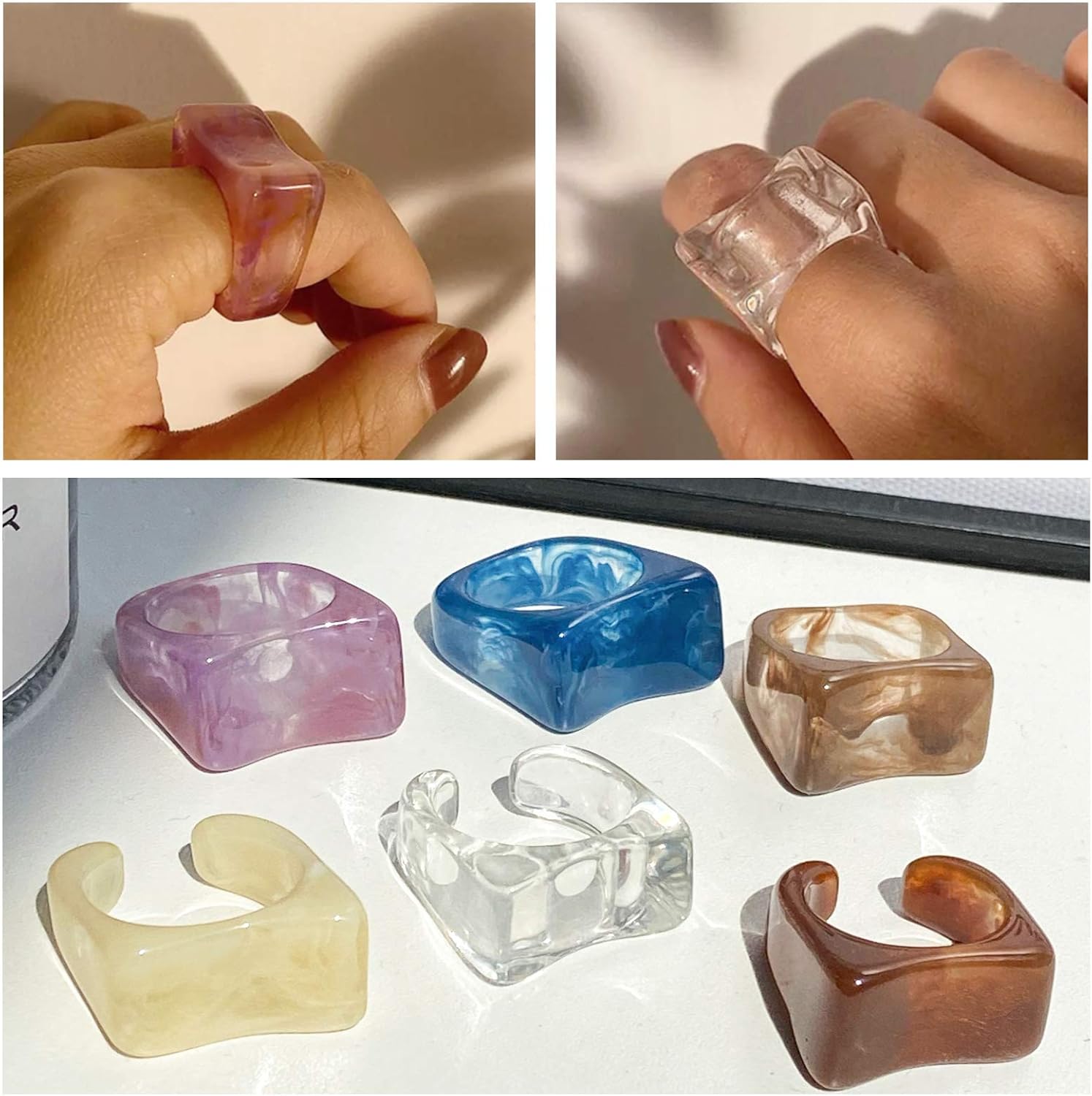 Chunky Rings Colorful, Resin Acrylic Ring for Women Teen Girls, Y2K Plastic Rings, Vintage Stacking Rings, Cute Square Transparent Dark Brown Purple Blue Brown Beige Black White Rings, Trendy Jewelry: Clothing