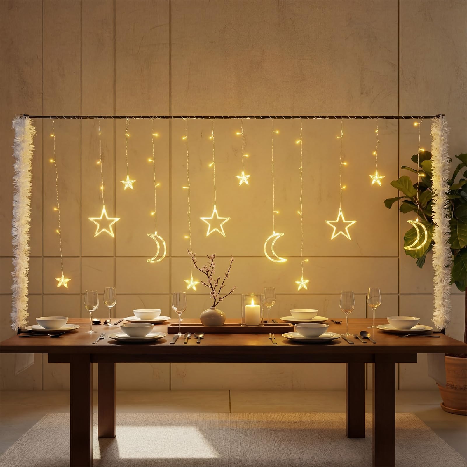 View 1 of **MISSING PARTS/NO LIGHTS***VIHOSE Ramadan Decoration for Home 2026 Eid Mubarak Star Moon Curtain String Lights, Over The Table Rod Stand, Tinsel Garland Table Decor Light Set for Ramadan Mubarak, Kareem, Muslim, Eid Al-fitr