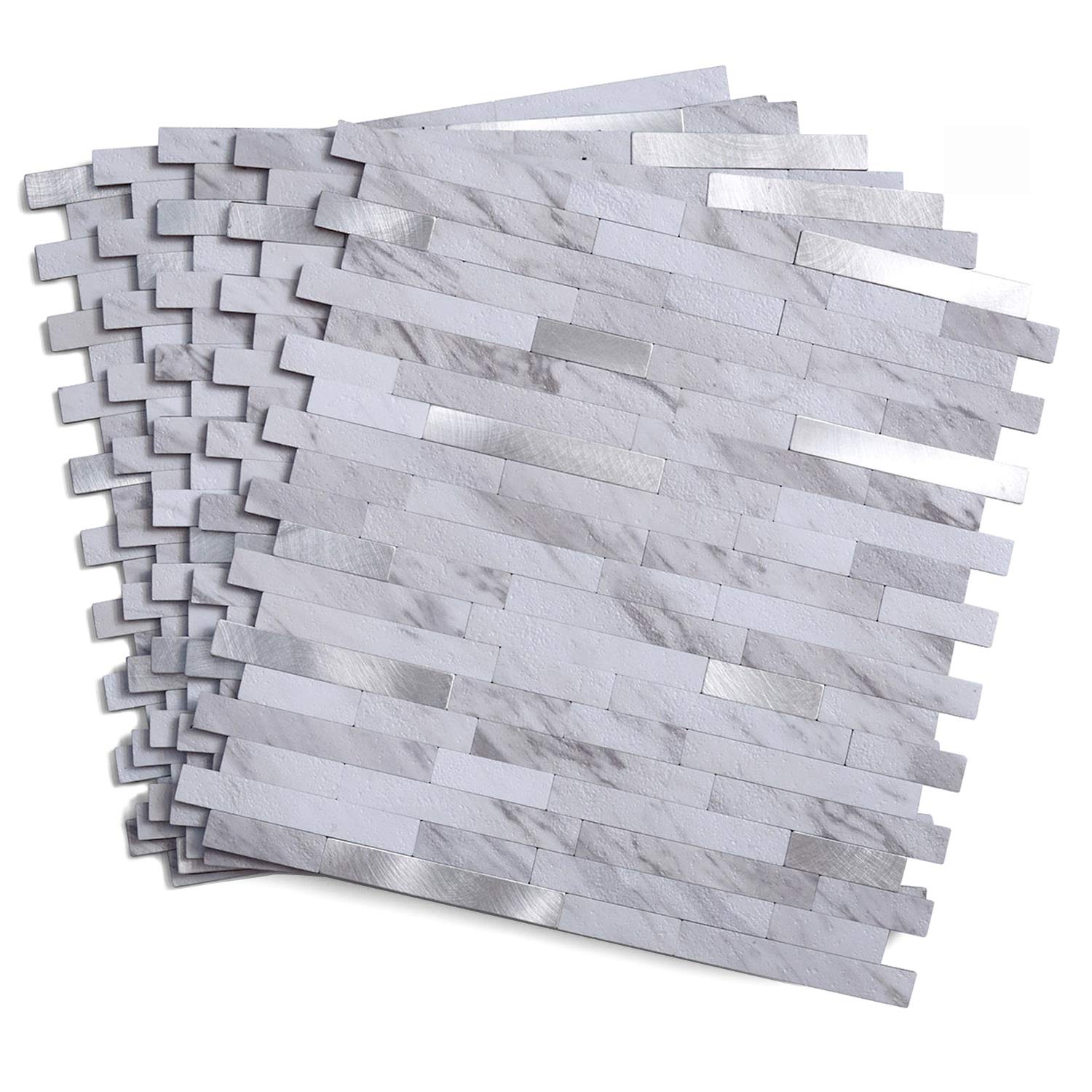 Miscasa 5 Tiles 29.2 x 29.7 cm Peel and Stick Backsplash Tile, Faux Volakas White Stone Wall Backsplash, 0.433㎡