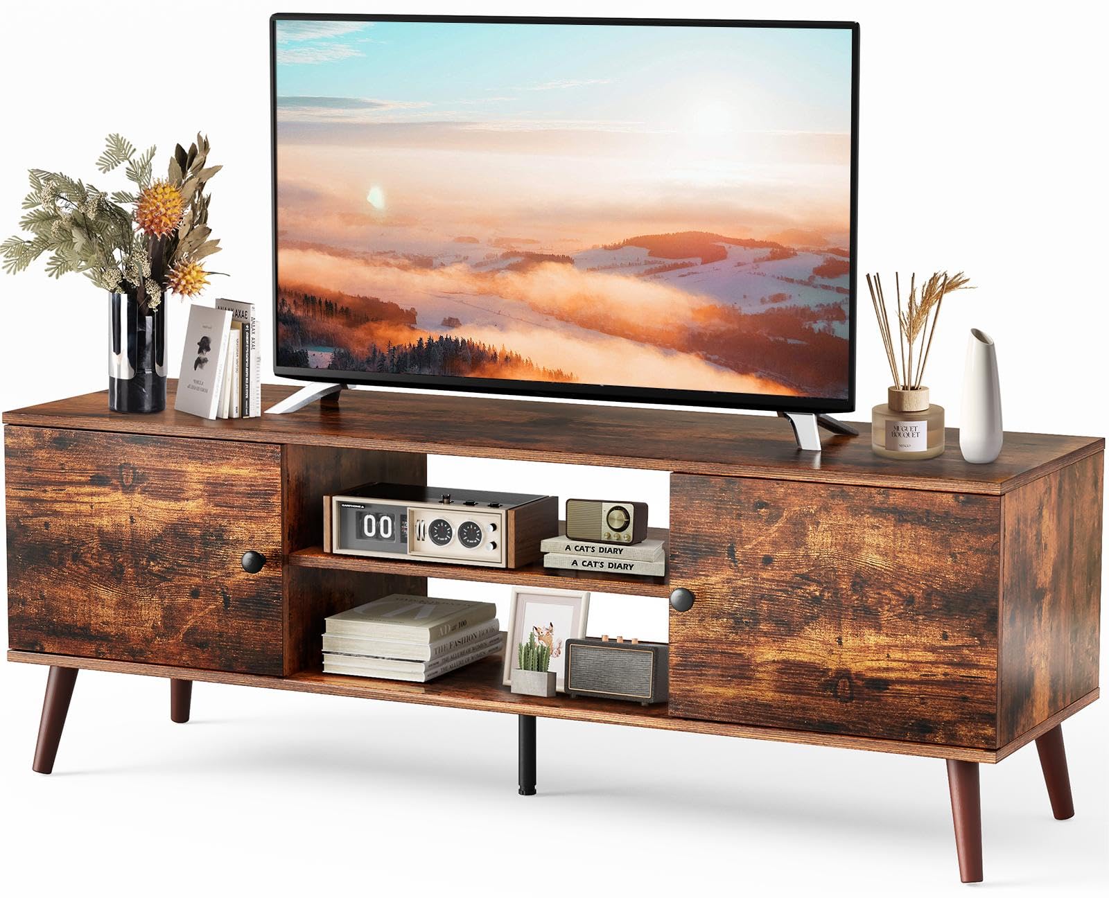 Sweetcrispy TV Stand for 55 60 inch TV, Modern Mid Century Entertainment Center with Storage, Media Console Table 2 Cabinet, Soft Hinge, Handle Door, Wooden Living Room, Office Furniture, Retro Brown
