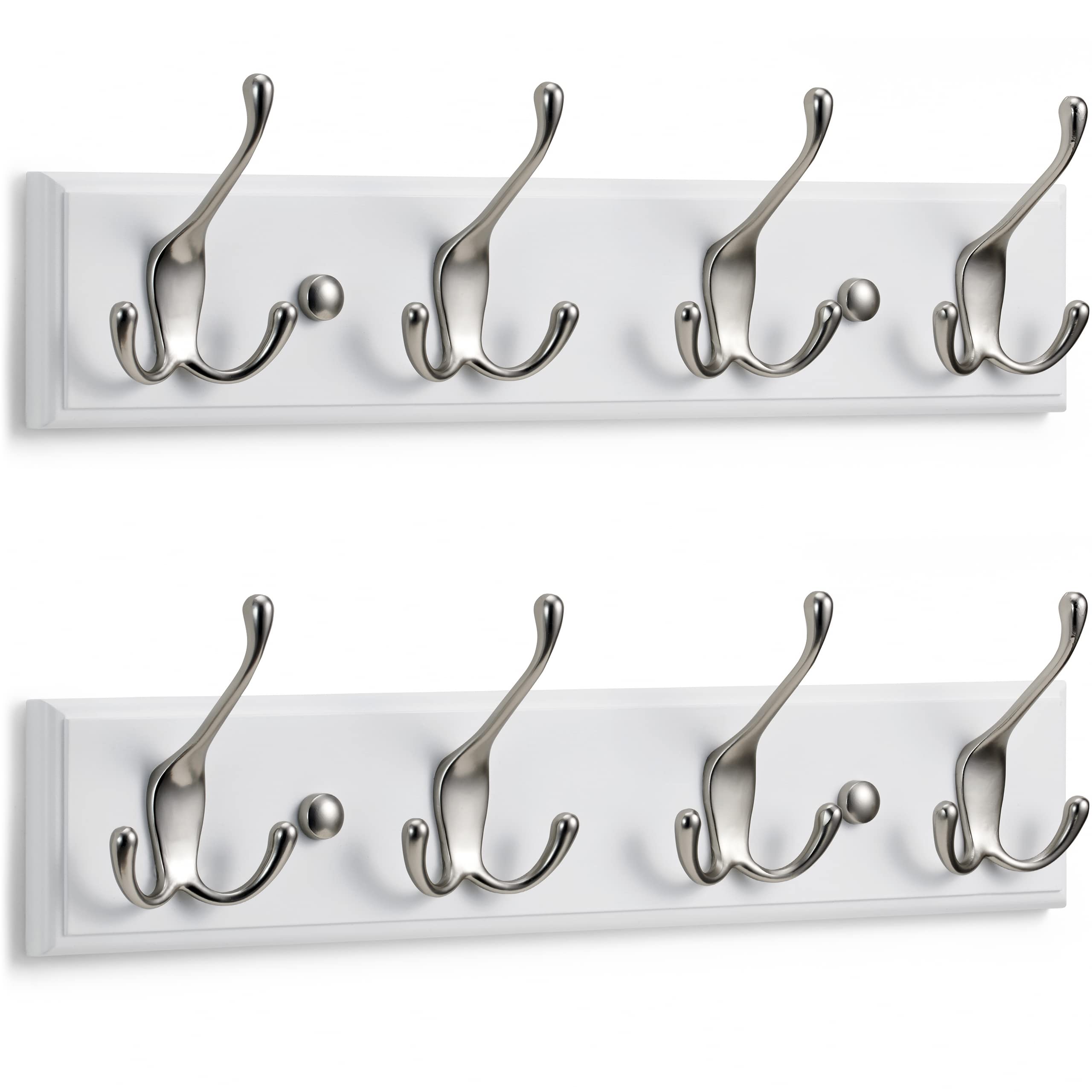 LARHN Wall-Mounted Coat Rack (2-Pack) - 4 Matt-Nickel Triple Coat Hooks for Wall on White Wooden Bamboo Base - 42 cm - All Fixings Included