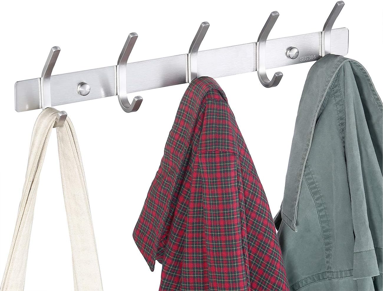 KES Bathroom Towel Rail Rack with 5 Scroll Hooks Wall Mount SUS304 Stainless Steel Brushed, AH203H5-2 - - 