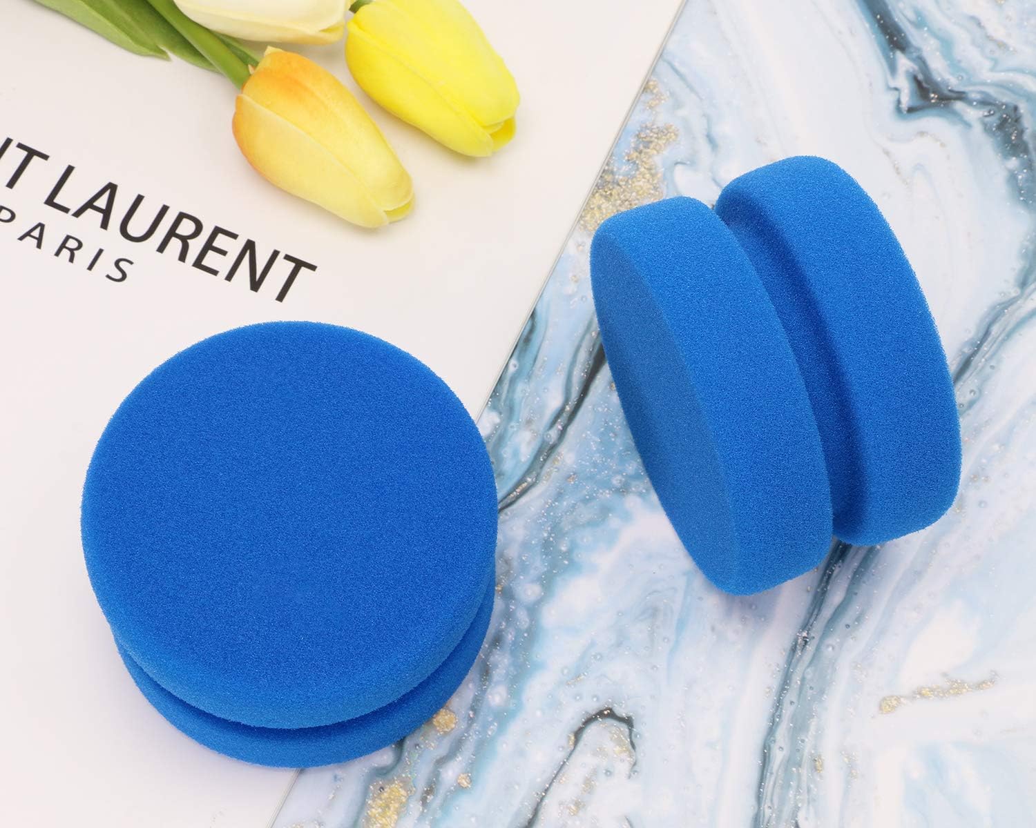 Paint Sponge Applicator PENTA ANGEL 2Pcs 3.1 Inch Double-Side Round Detail Sponge Painting Sponges for Acrylic Oil Watercolor Art Paint or Car Waxing Kitchen Cleaning (Blue)