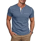 NITAGUT Mens Henley Shirts Short Sleeve Cotton Casual T-Shirts | Soft Comfort Lightweight, Button Placket, Chest Pocket, Relaxed Fit, Machine Washable, Work Travel Home