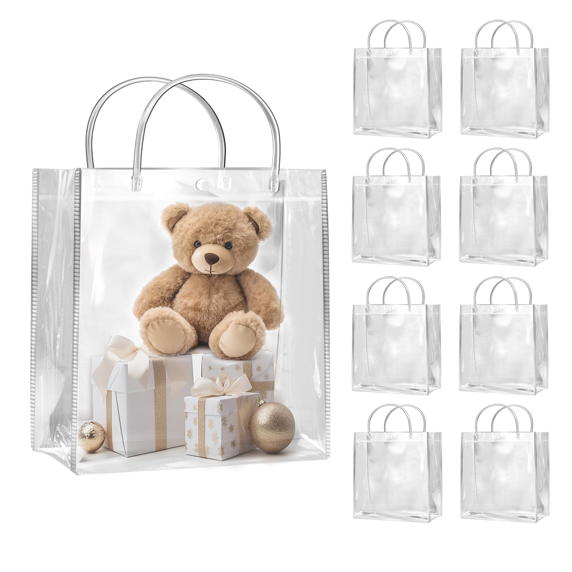 Photo 1 of **MINOR DAMAGE - USED**
SHIPKEY 10 Pack 8”x3.1”x8” Clear Gift Bags, Square Transparent Gift Bag with Handles, Waterproof PVC Shopping Bags for Perfume, Bakery, Presents, Birthday Party Favor (20x8x20cm)