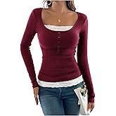SOLY HUX Women's Ribbed Scoop Neck Tops Long Sleeve Contrast Lace Button Front Knit Slim Fit Henley T Shirts