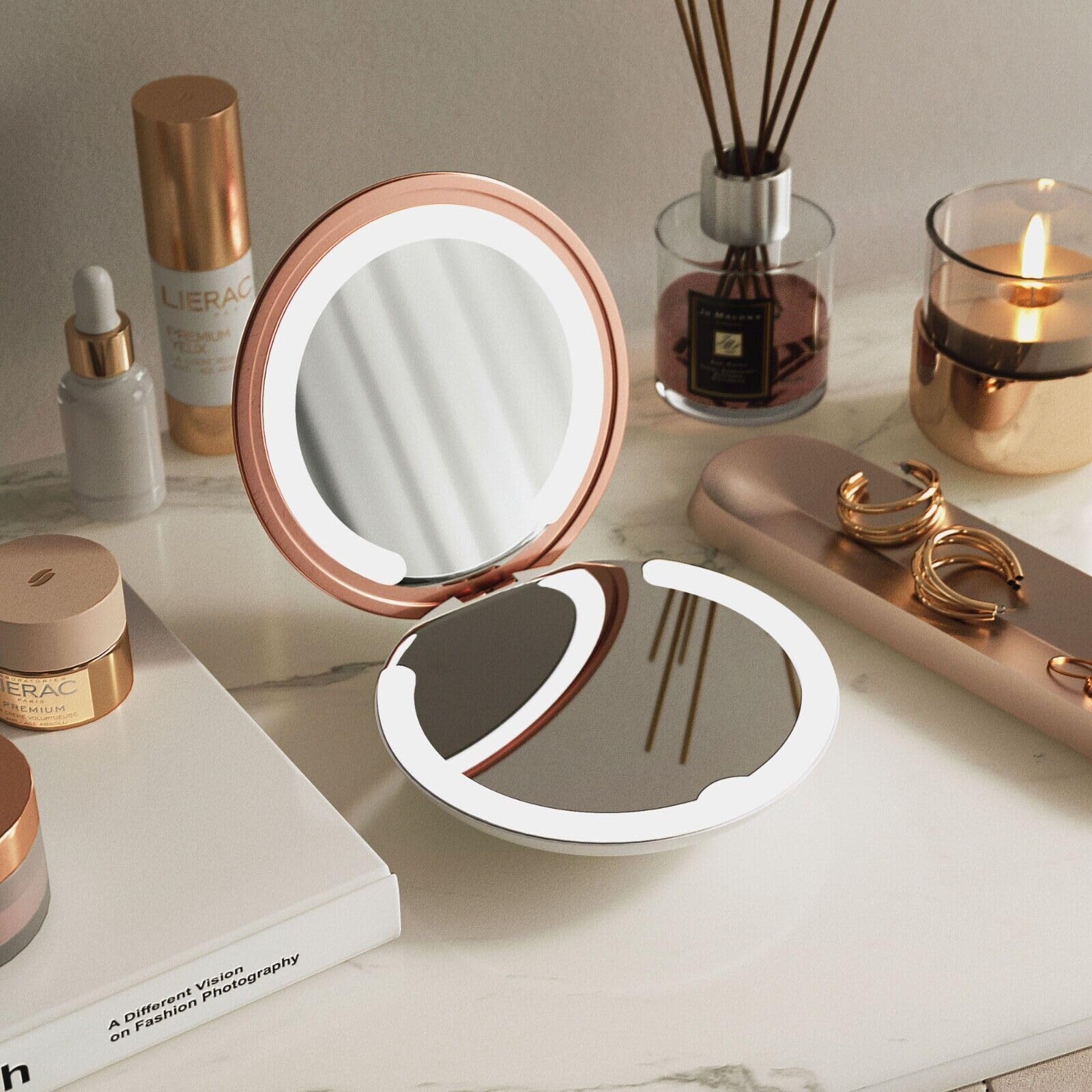CARME Ella Compact Makeup Mirror with LED Lights - Illuminated Handheld Folding Rosegold Vanity Portable Mirror - Rechargable