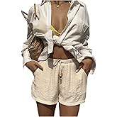 Floerns Women's Elastic Waist Double Layered Linen Shorts Knot Front Casual Loose Shorts