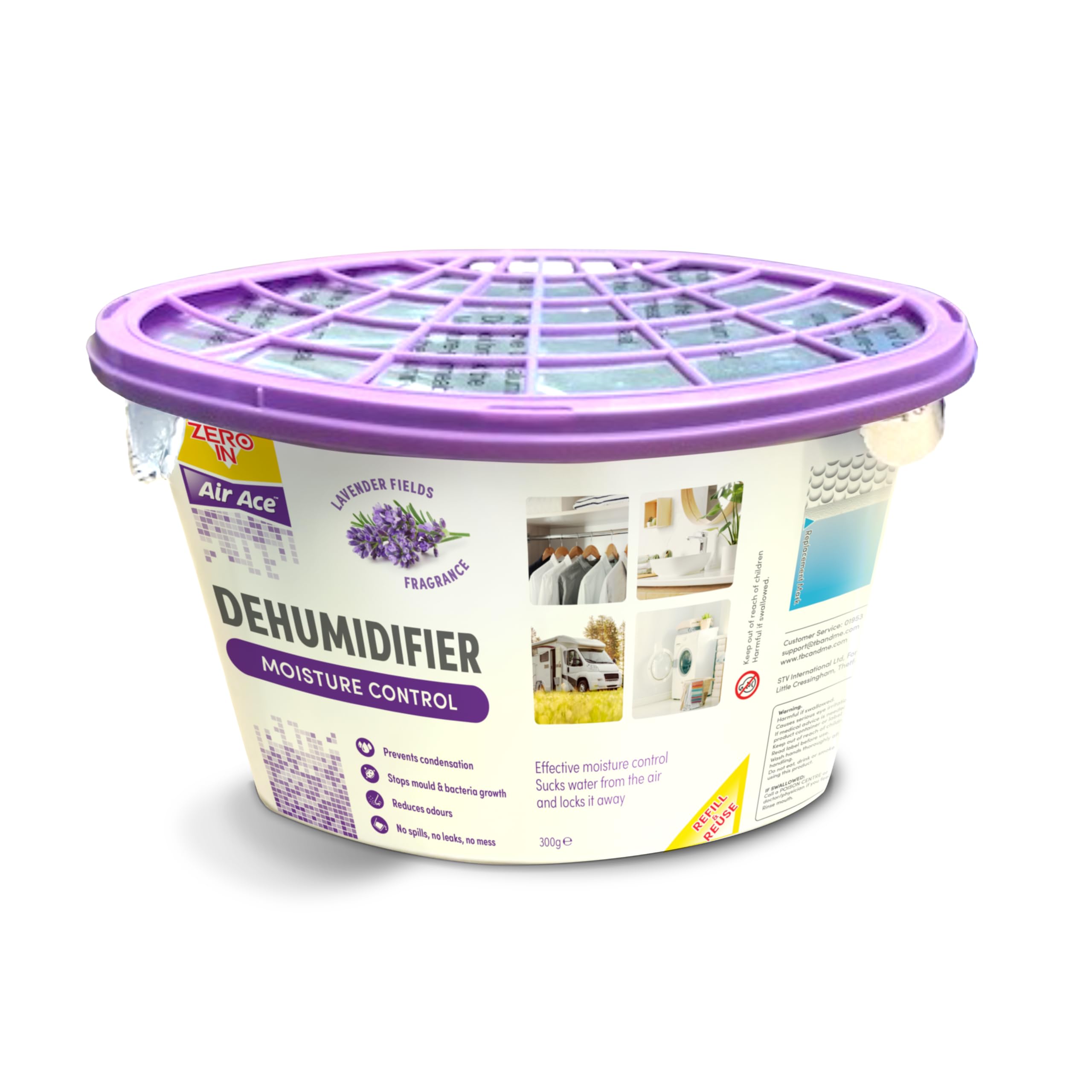 Zero In Air Ace Refillable Dehumidifier – Lavender Scent, Moisture Absorber to Help Prevent Damp, Mould & Odours, No-Spill Design