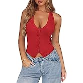 Pungdra Womens Button Down Tank Top for Women Ribbed Button Up Halter Fitted Vest Summer Sexy Trendy Cute Crop Going Out Tops
