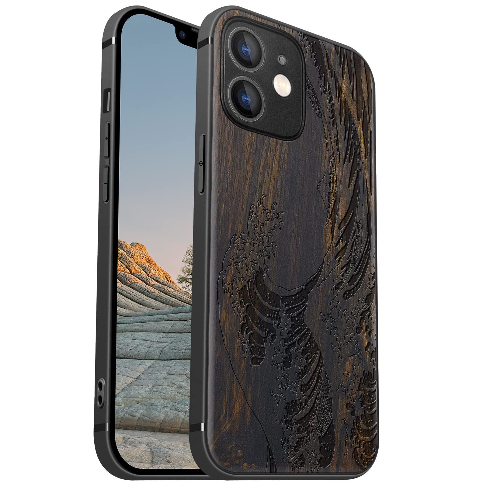 Carveit Magnetic Wood Case for iPhone 12 Mini Case [Hard Real Wood & Soft TPU] Shockproof Protective Cover Unique & Classy Wooden Case Compatible with MagSafe (The Great Wave Off Kanagawa-Blackwood)