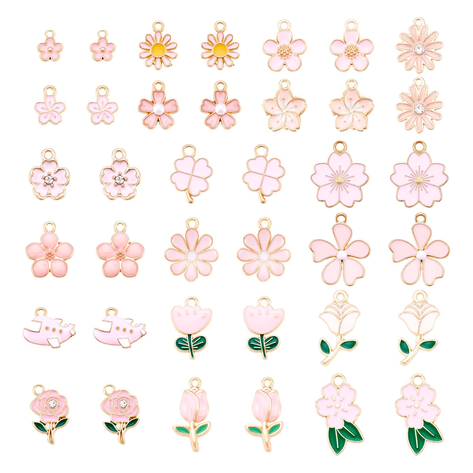 Crafans 38Pcs Assorted Flowers Enamel Pendants Daisy Rose Cherry Blossom Charms Clover Tulip Peach Blossom Dangle Charms for DIY Earring Necklace Jewelry Making