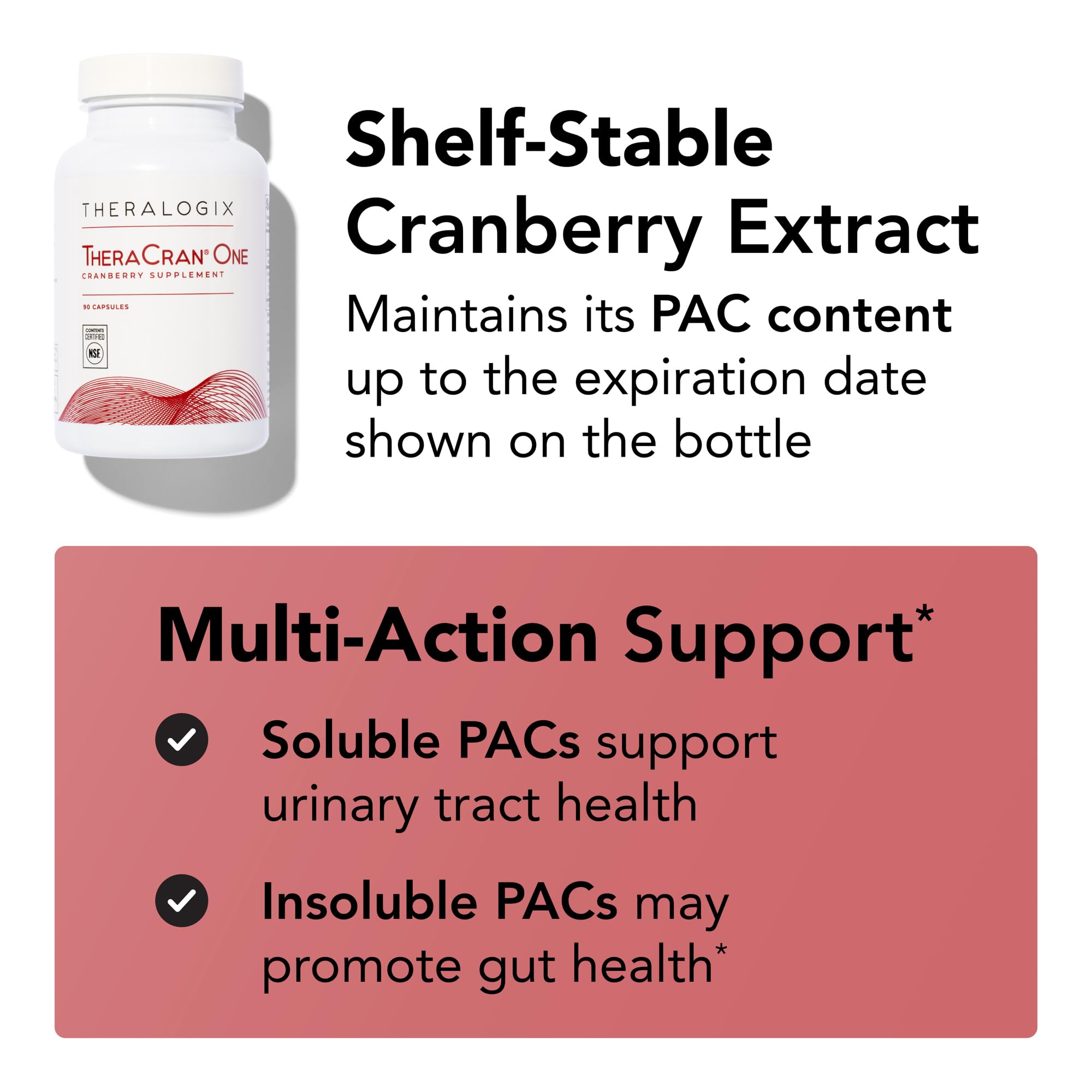 Theralogix TheraCran One Cranberry Capsules - 90-Day Supply - Supplement for Men & Women - to Support Urinary Tract Health* - 36mg Soluble PACs per Capsule - NSF Certified, 90 Count (Pack of 1)