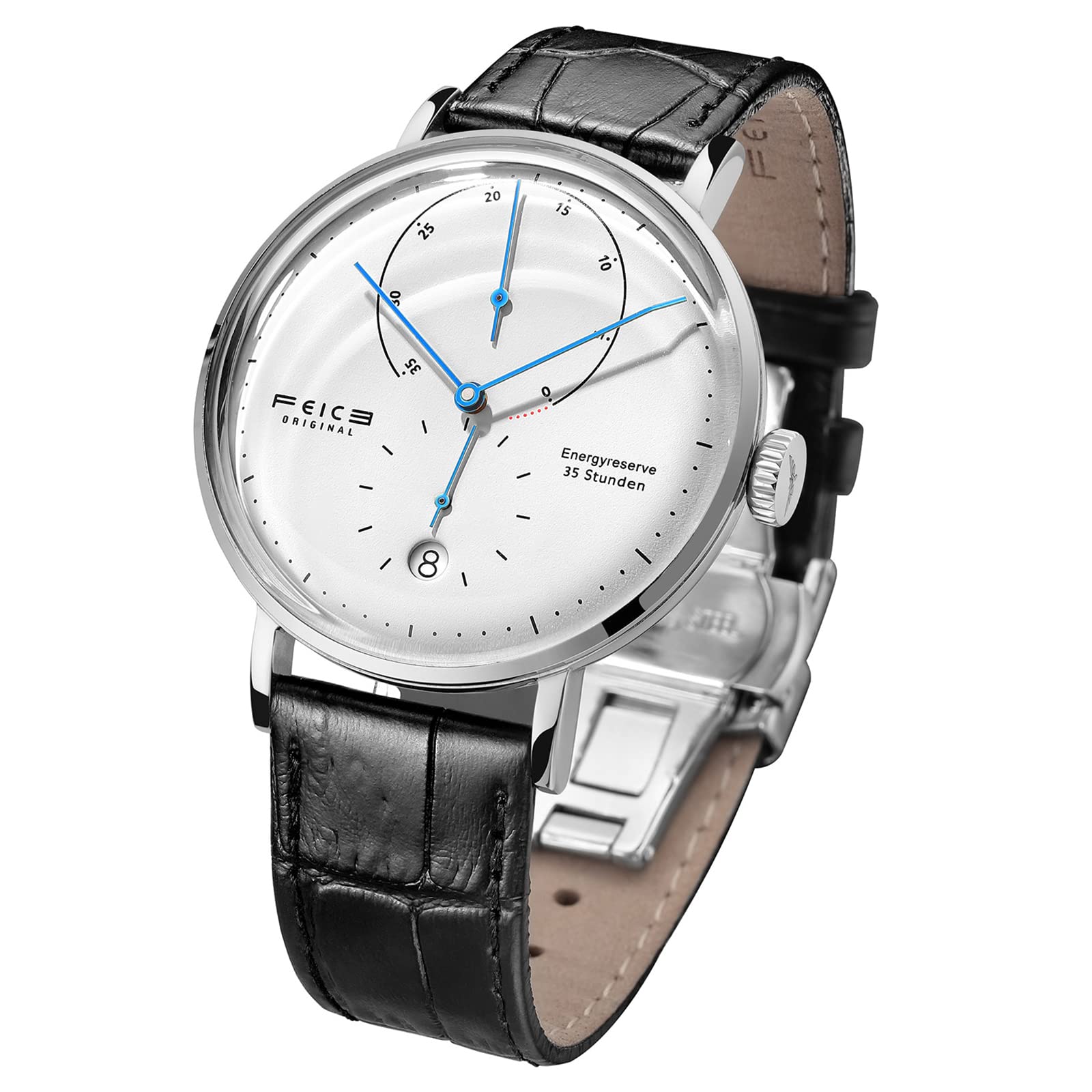 FEICE Automatic Watch Mechanical Movement with White Face and Black Leather Strap Bauhaus Minimalist Wristwatch Calendar 42mm- FM202