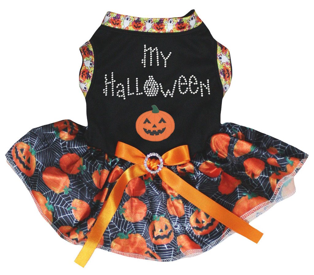 Petitebelle My Halloween Pumpkin Puppy Dog Dress (Black/Cobweb, Medium)