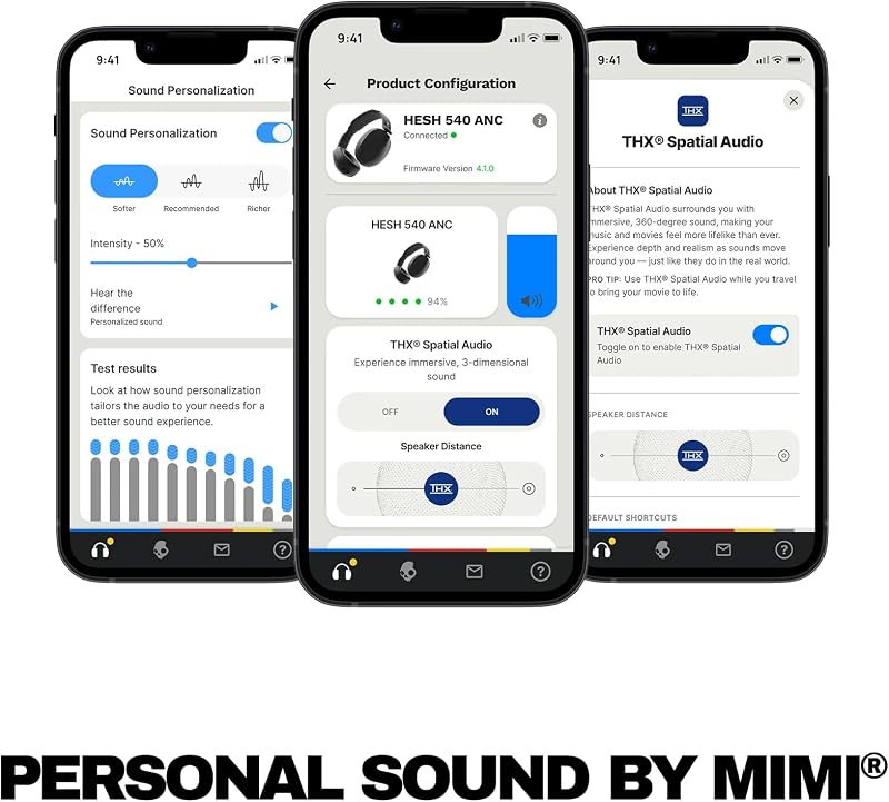 Hesh 540 ANC Cascos Bluetooth Circumaurales Inalámbricos, THX® Spatial Audio, Cancelación Activa de Ruido, Sonido Personalizado, 65 H de Autonomía, Micrófono, para iPhone Android - Negro