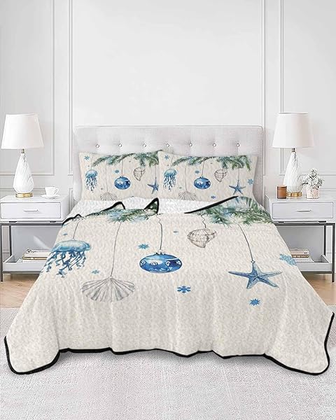 WOWOUHIYA KING QUILT SETS, BLUE COASTAL CHRISTMAS LIGHTWEIGHT BEDSPREADS WITH 2 PILLOW SHAMS, XMAS BOTANICAL STARFISH RUSTIC SOFT SUMMER BED COVERLETS 3 PIECES BEDDING SET FOR ALL SEASON