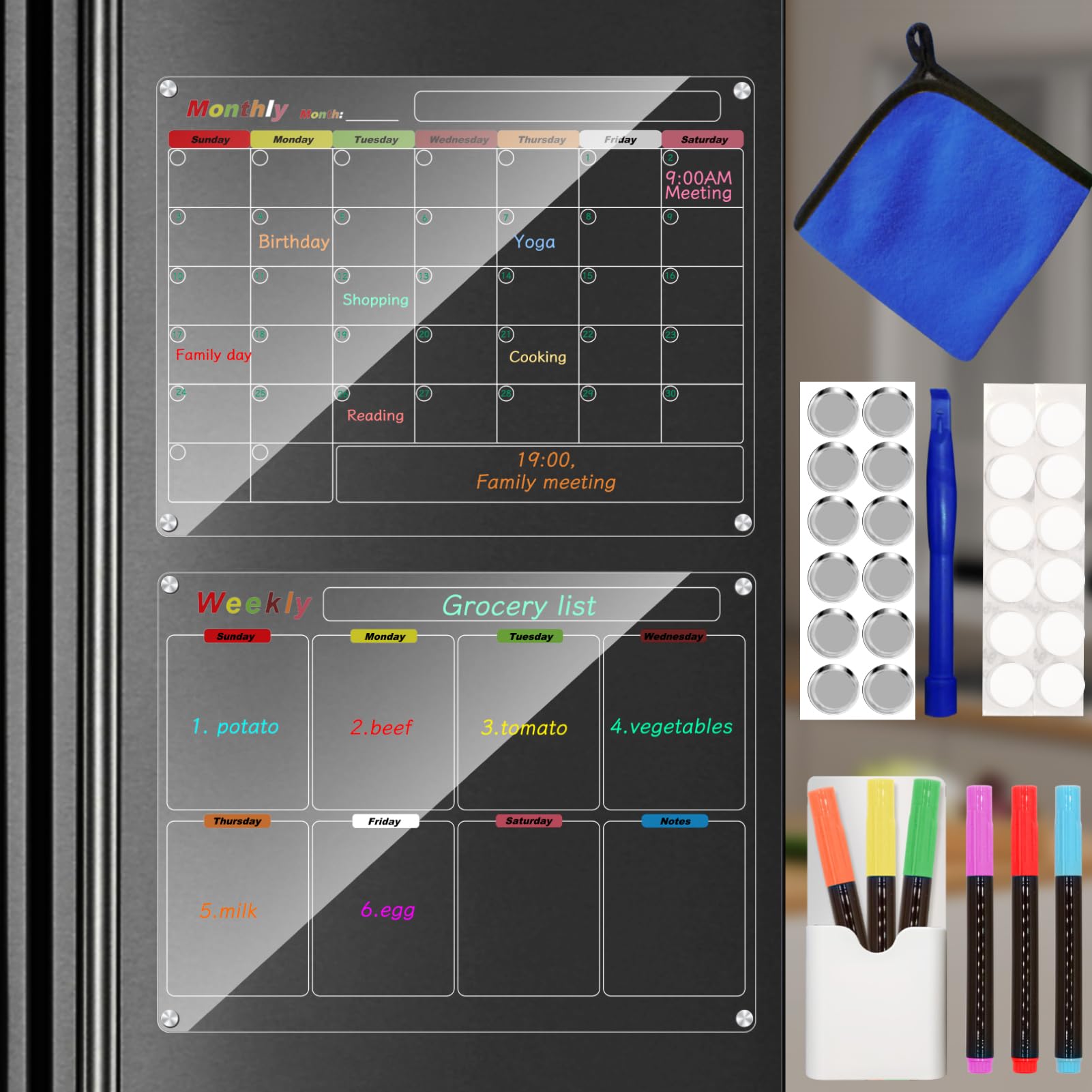 Ninyoon Calendar Meal Planner for Fridge, Magnetic Acrylic Fridge Menu Dry Erase Board with 6 Markers 1 Holder 12 Hanging Hardware 12 Gaskets 1 Towel - 2 Set (Clear - 15.7x11.8" - Weekly & Monthly)