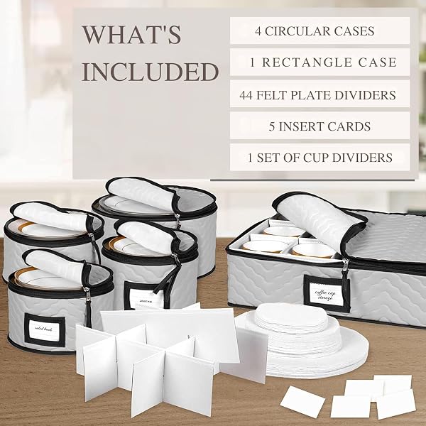 CHINA STORAGE CONTAINERS 5-PIECE SET MOVING BOXES FOR DINNERWARE, GLASSES, PLATES, MUGS AND SAUCERS STURDY QUILTED MICROFIBER DISH ORGANIZER WITH DIVIDERS FOR SEASONAL STORAGE – HOLDS SET OF 12, GRAY