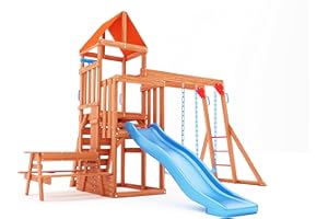 DOLPHIN PLAYGROUND T Dolphin Playground Cedar Wooden Swing Sets for Backyard, Outdoor Playset for Kids with Monkey Bar, 2 in 1 Outdoor Table, Wave Slide, Climbing Wall, and 2 Belt Swings, Playground Sets for Backyards