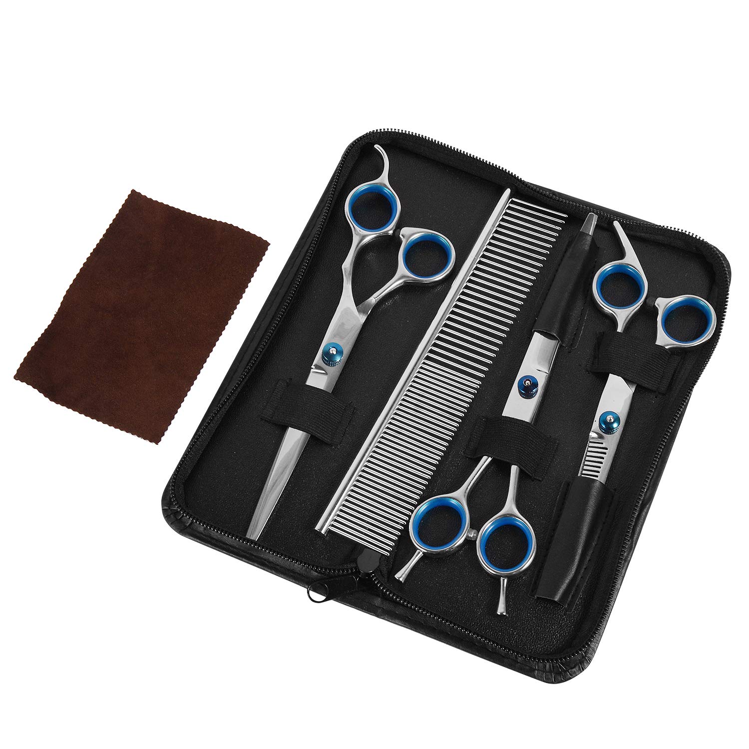 Yunjiadodo 4PCS Pet Grooming Scissors Set, Professional Pet Trimmer Kit Stainless Steel Dog Cat Hair Care Thinning 7-inch Cutting Scissors, Thinning Shear, Curved Scissors, Grooming Comb (Silver)