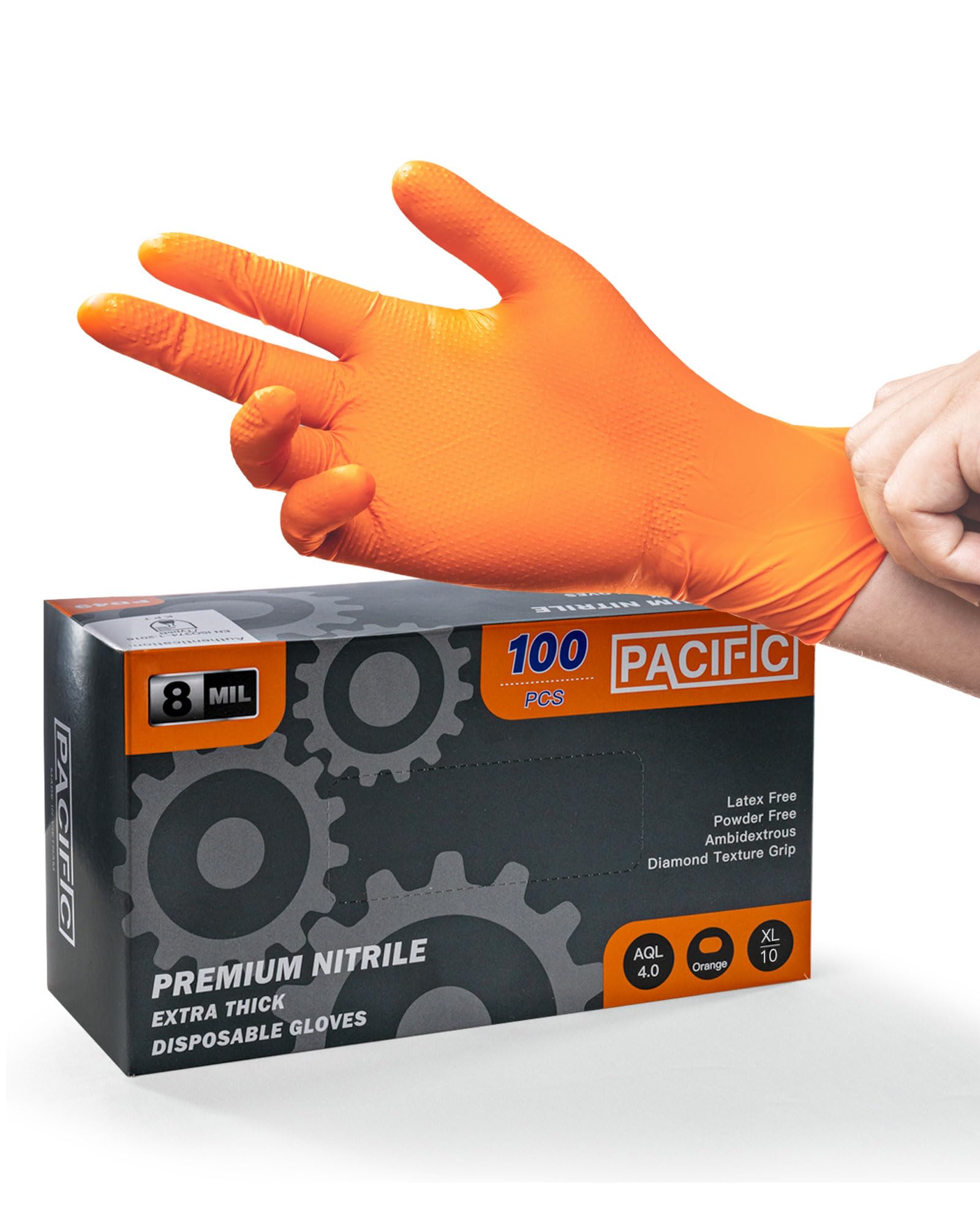 PACIFIC 8-mil Orange Nitrile Disposable Gloves, Heavy-Duty, Industrial, Mechanic, Diamond Textured, Latex & Powder Free, EN 374, XL