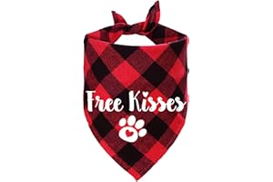 STMK Valentine's Day Plaid Dog Bandana, Free Kisses Plaid Dog Puppy Bandana Triangle Scarf for Dog Puppy Valentine's Day Wedding Holiday Party Supplies (Red)