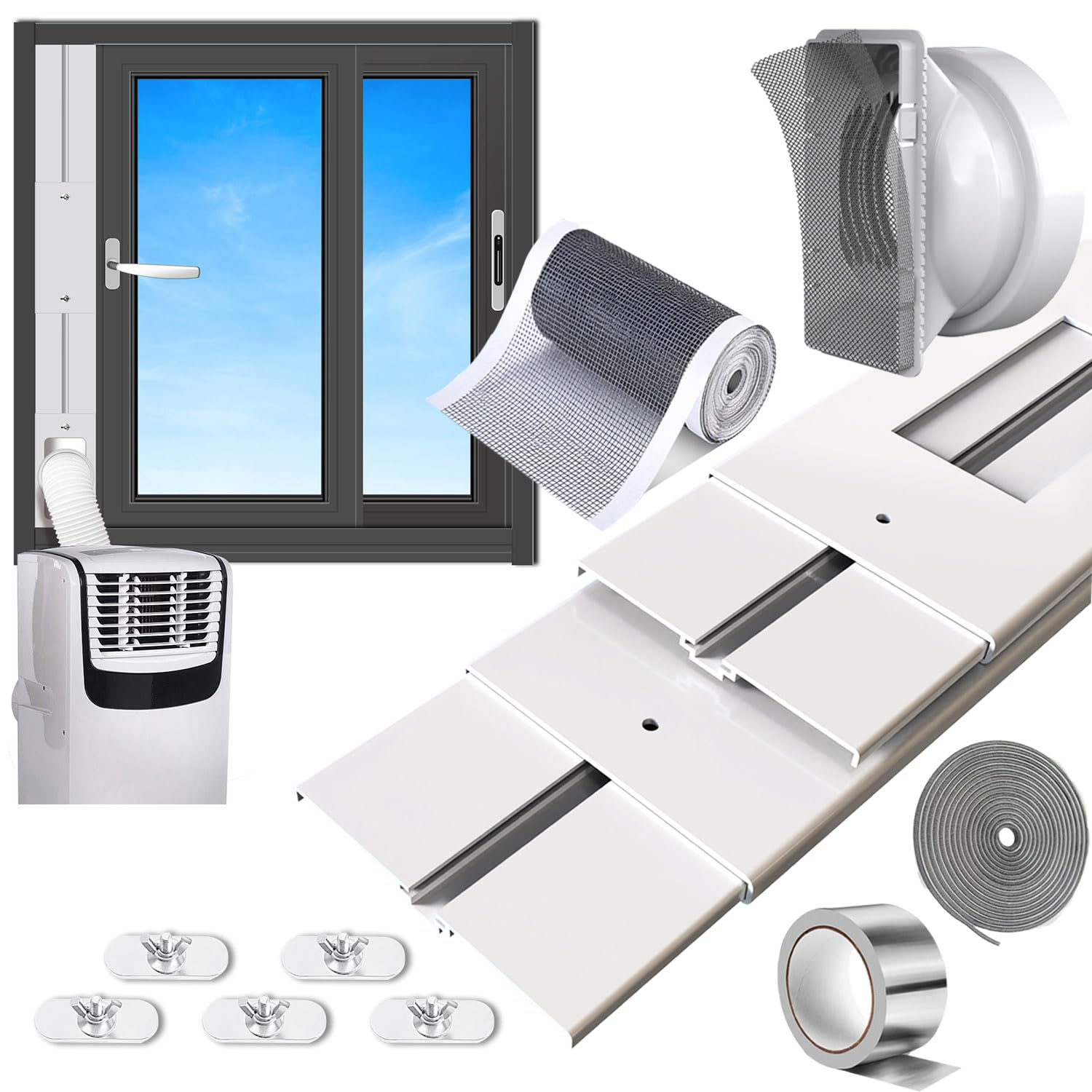 Aozzy 95"Sliding Door Air Conditioner Vent Kit with 1M DIY Filter and Door Sealing Strip,Universal 5.1/5.9"Hose Adapter,for Sliding Door/Window Portable AC Seal Unit (Max Height 63" without hose)
