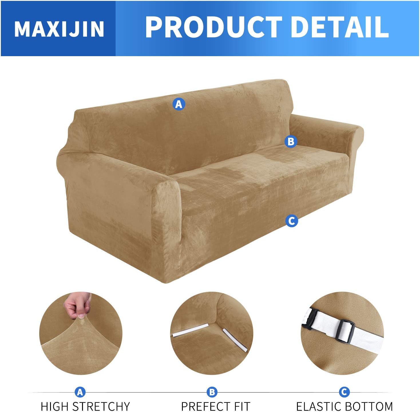 MAXIJIN Thick Velvet Sofa Covers 3 Seater Super Stretch Non Slip Couch Cover for Dogs Cat Pet Friendly 1-Piece Elastic Furniture Protector Plush Sofa Slipcovers (3 Seater - Image 4