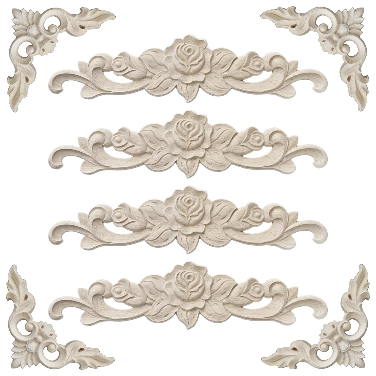 XSHAO 8 Pieces Wooden Ornament Corner Wood Colour Unpainted Ornaments for Furniture Rose Carving for Furniture Bed Door Window Decoration DIY Handmade (4 Corner Ornaments 4 Long Wooden Ornaments Wall)