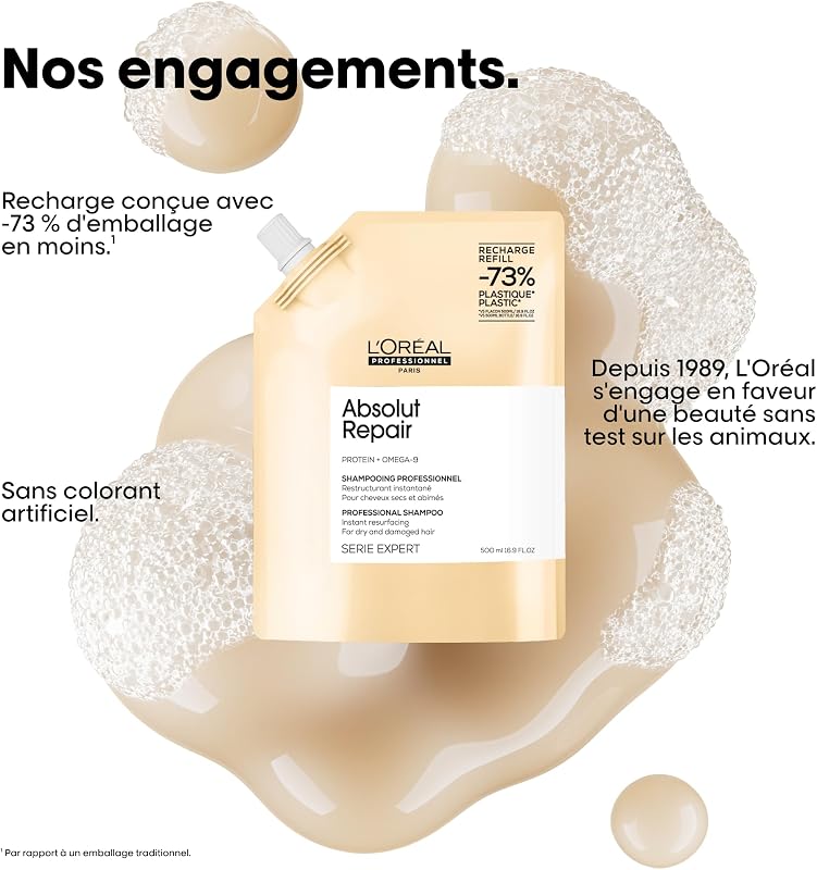 L'OREAL PROFESSIONNEL - Shampoing Restructurant Instantané Absolut Repair - Homme & Femme - 77% de Dommage en Moins - 7x Plus de Brillance - Cheveux Secs & Abîmés - Recharge 500 ml